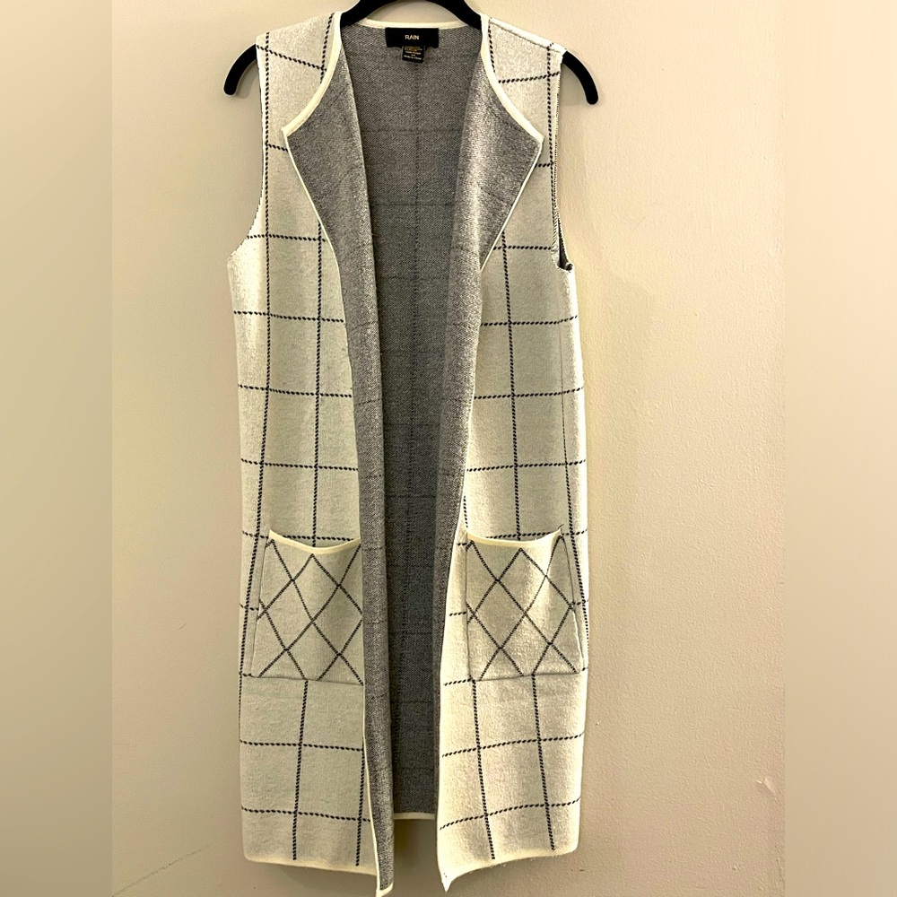 Rain Long Duster Sweater Vest Open Beige Black Stripe w/Pockets Sleeveless Small
